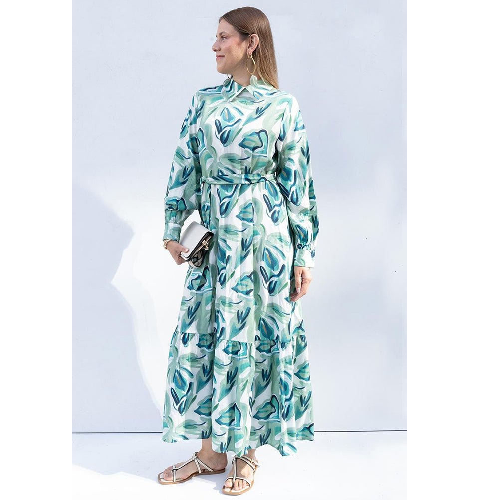 Modefa Dress Modern Muslim Women's Abstract Leaves Maxi Dress - M60185 Stone with Mint