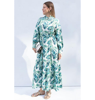 Modefa Dress Modern Muslim Women's Abstract Leaves Maxi Dress - M60185 Stone with Mint