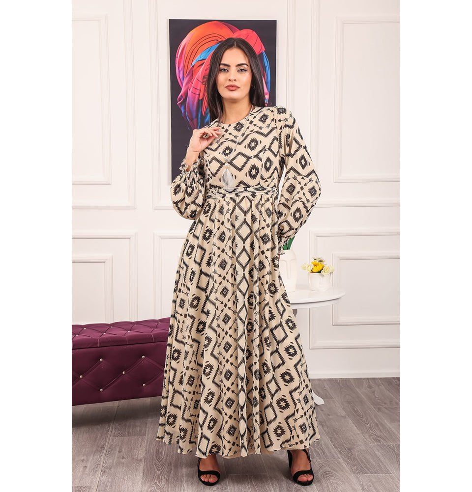 Modefa Dress Modern Muslim Women’s Bohemian Berber Print - 7999-22 Creme & Black
