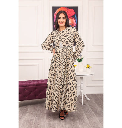 Modefa Dress Modern Muslim Women’s Bohemian Berber Print - 7999-22 Creme & Black