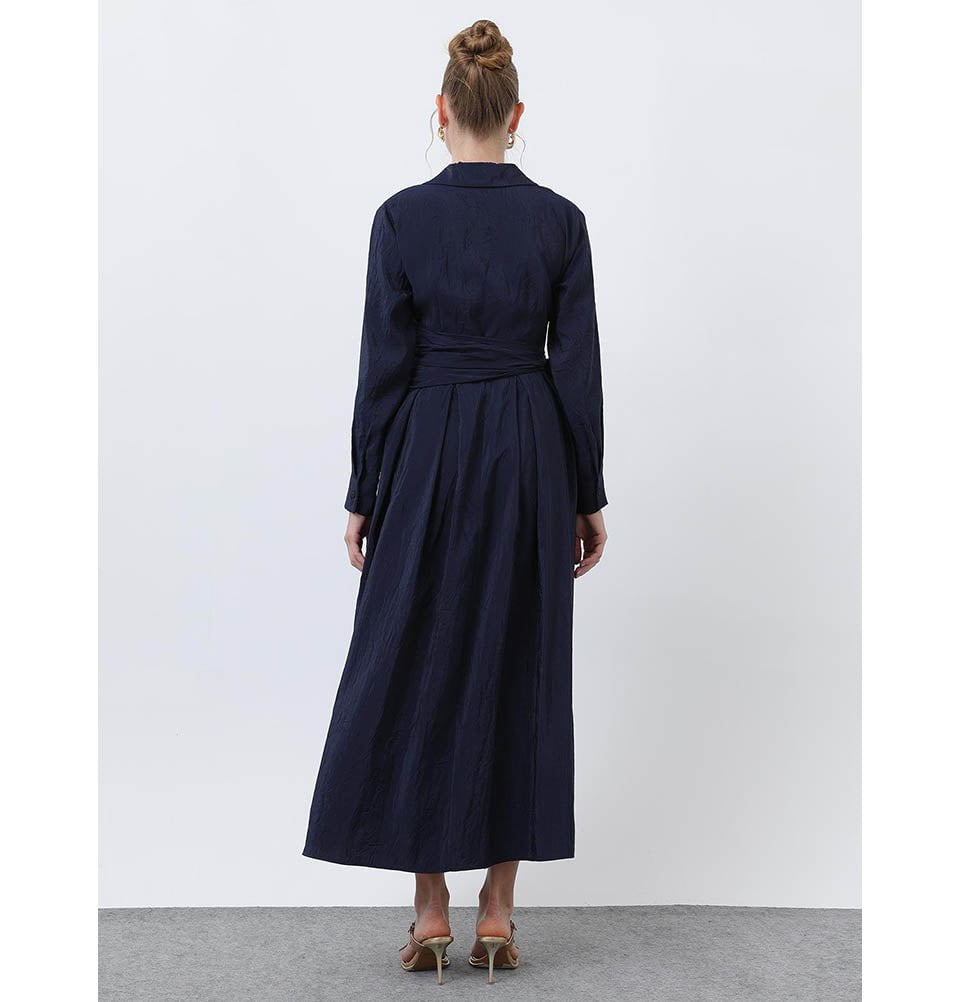 Modefa Dress Modern Muslim Women's Crinkled Maxi Dress - 20661 Navy Blue