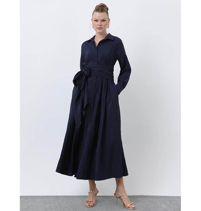 Modefa Dress Modern Muslim Women's Crinkled Maxi Dress - 20661 Navy Blue