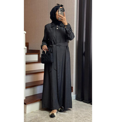 Modefa Dress Modern Muslim Women’s Relaxed Denim Maxi Dress - Black Denim