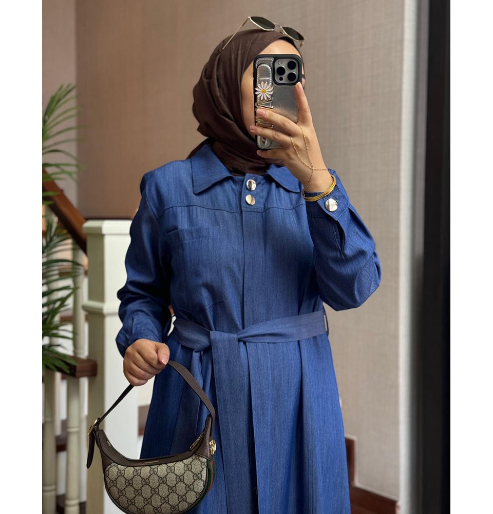 Modefa Dress Modern Muslim Women’s Relaxed Denim Maxi Dress - Blue Denim