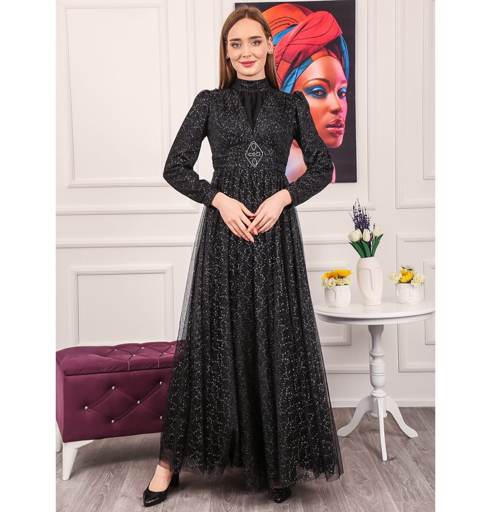 Modefa Dress Modest Floral Shimmery Dress G453 Black