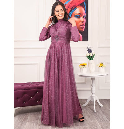 Modefa Dress Modest Floral Shimmery Dress G453 Lilac