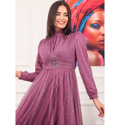 Modefa Dress Modest Floral Shimmery Dress G453 Lilac