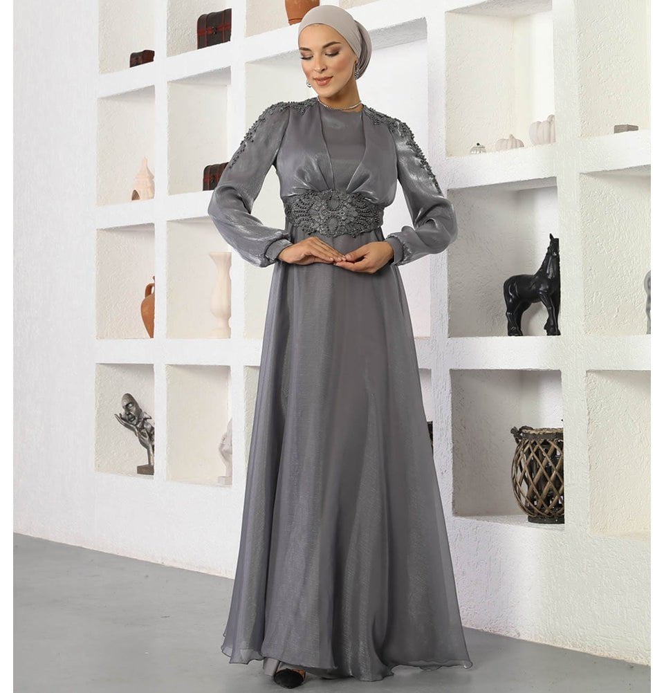 Modefa Dress Modest Formal Embellished Dress G489 Grey