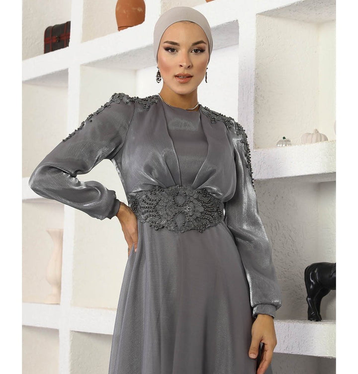 grey formal dresses with sleeves Modest Embellished Dress G489 Metal:Black Mauve Floral Printed Mesh creativeday1 This firm