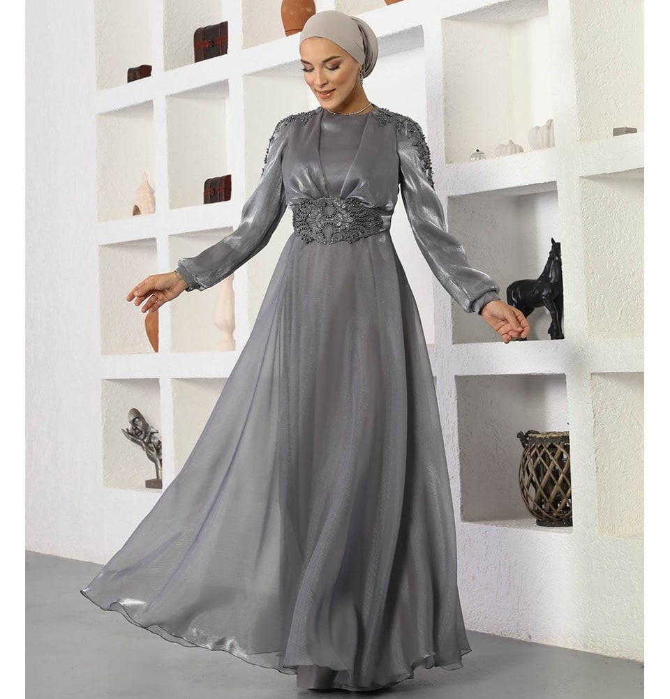 Modest Formal Embellished Dress G489 Grey Modest Formal Embellished Dress G489 Grey