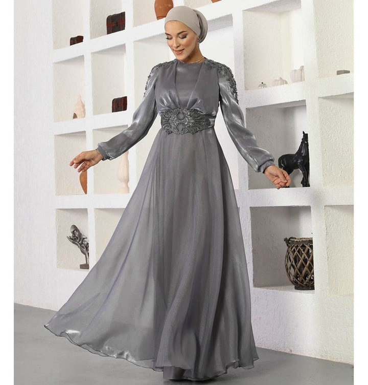 Modest Formal Embellished Dress G489 Grey