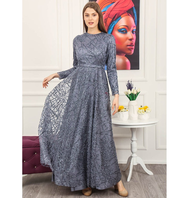Modest Formal Glittery Abstract Dress 508 Grey Modest Formal Glittery Abstract Dress 508 Grey