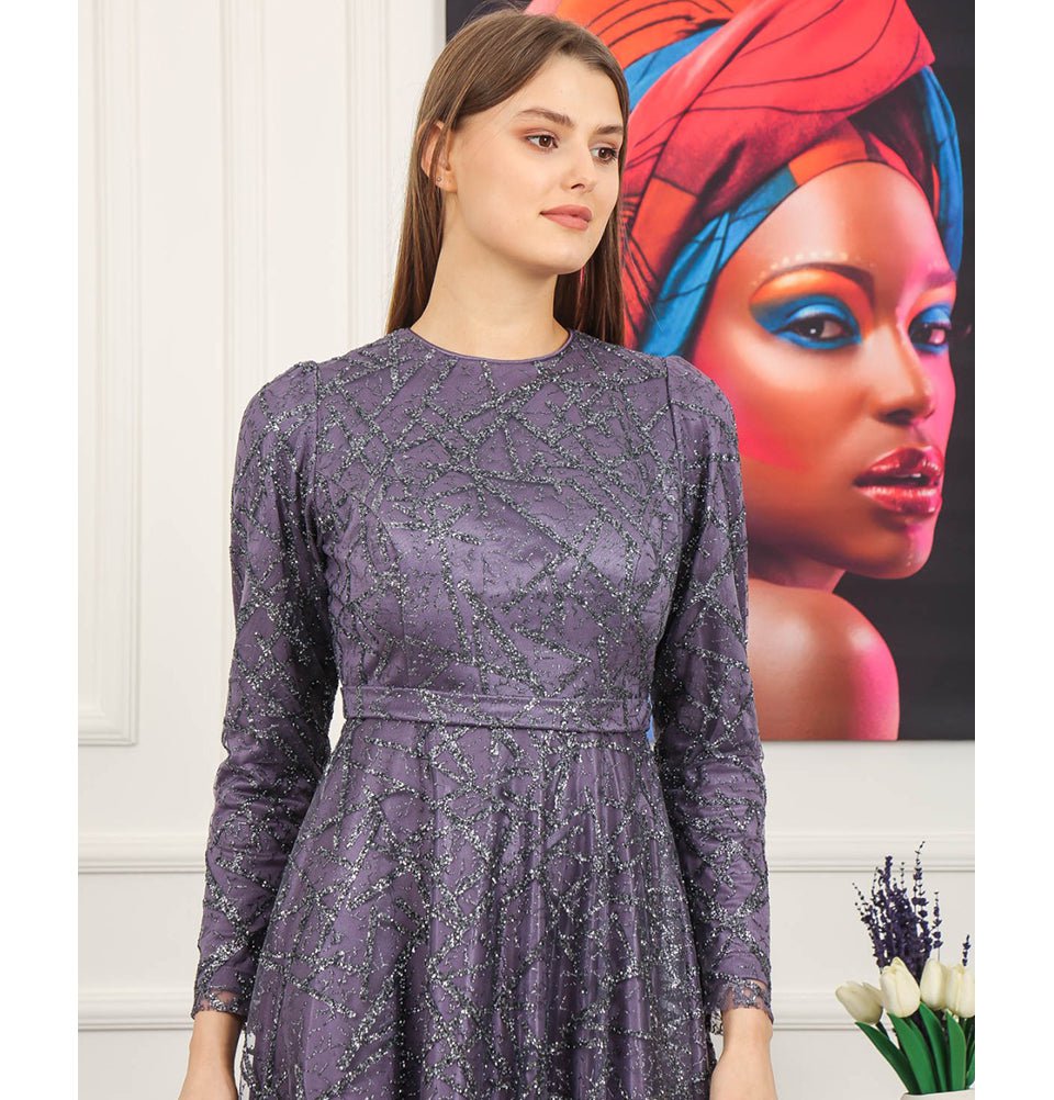 Modest Formal Glittery Abstract Dress 508 Lilac Modest Formal Glittery Abstract Dress 508 Lilac