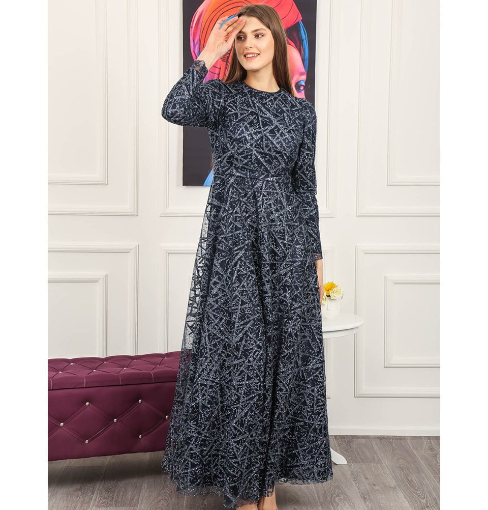 Modefa Dress Modest Formal Glittery Abstract Dress 508 Navy Blue