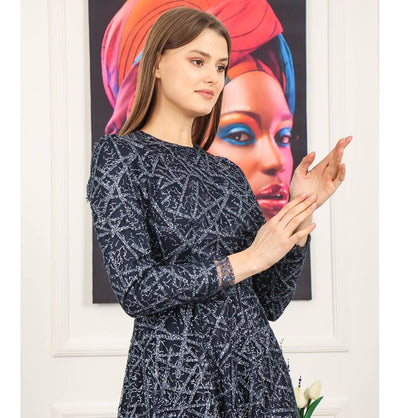 Modefa Dress Modest Formal Glittery Abstract Dress 508 Navy Blue