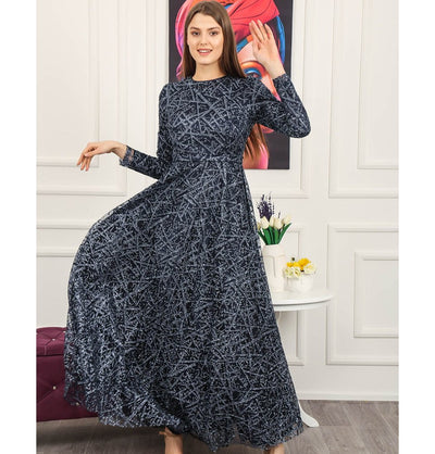 Modefa Dress Modest Formal Glittery Abstract Dress 508 Navy Blue