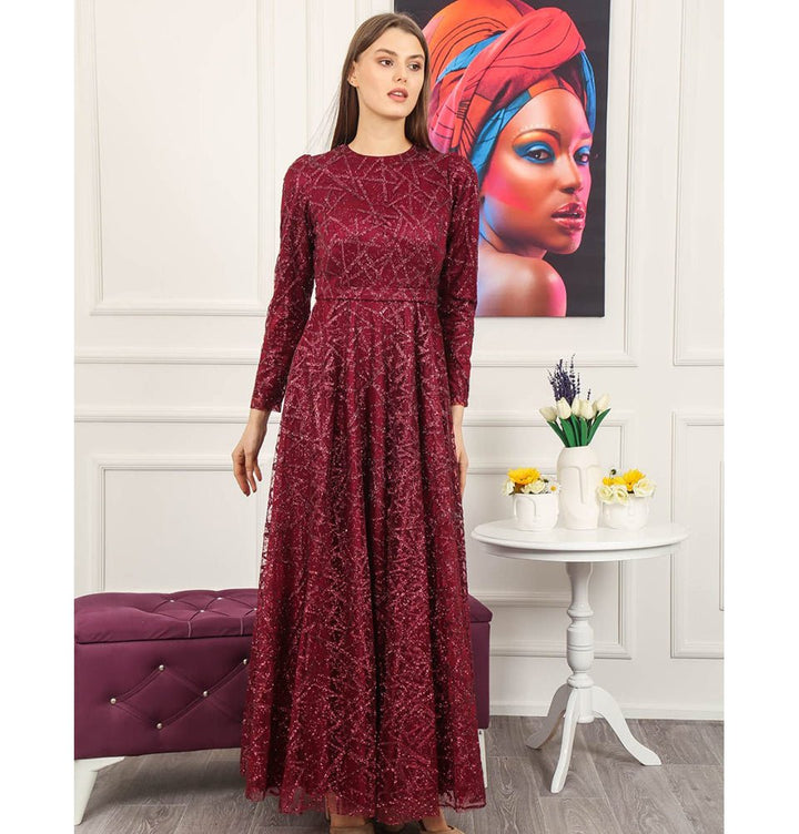 Modest Formal Glittery Abstract Dress 508 Red Modest Formal Glittery Abstract Dress 508 Red