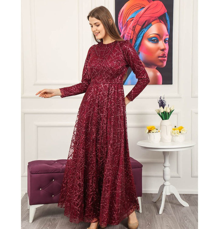 Modest Formal Glittery Abstract Dress 508 Red