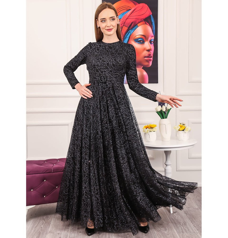 Modefa Dress Modest Formal Glittery Geometric Dress 477 Black