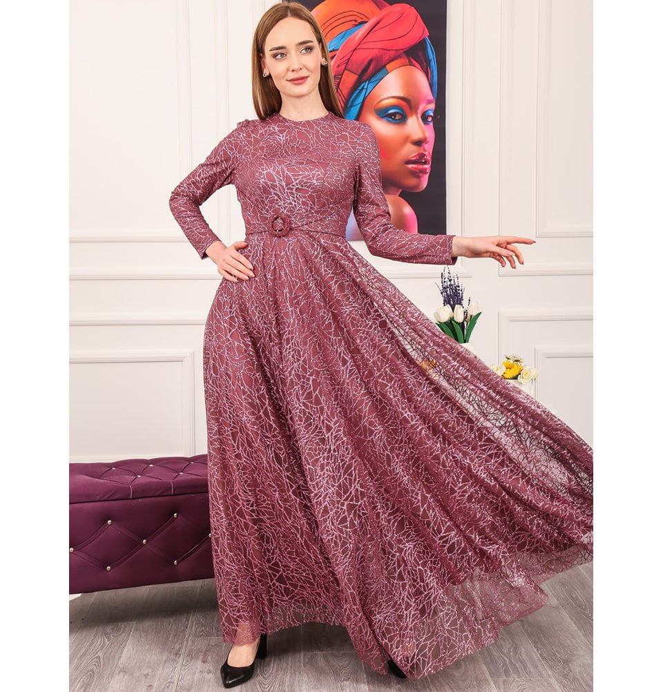 Modefa Dress Modest Formal Glittery Geometric Dress 477 Rose