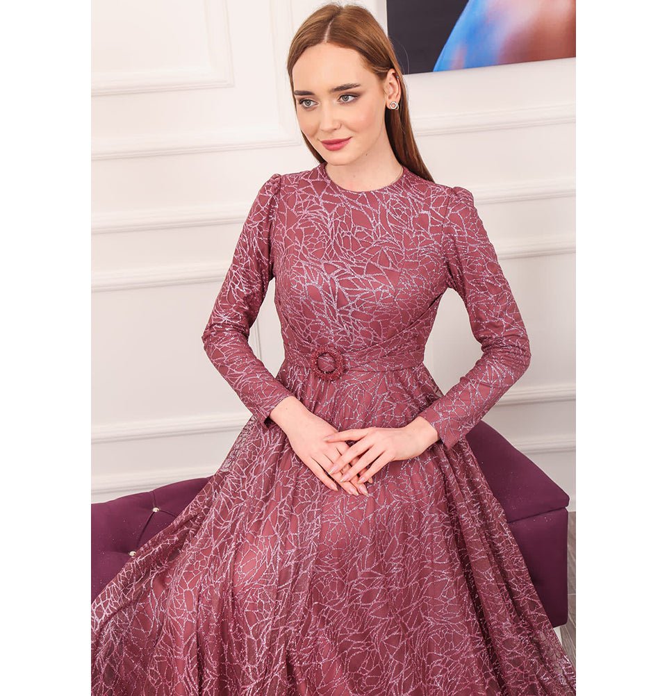 Modest Formal Glittery Geometric Dress 477 Rose Modest Formal Glittery Geometric Dress 477 Rose