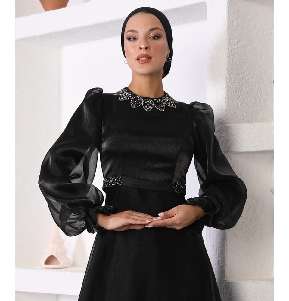 knee length dresses for ladies Modest Formal Satin Dress G531 Black