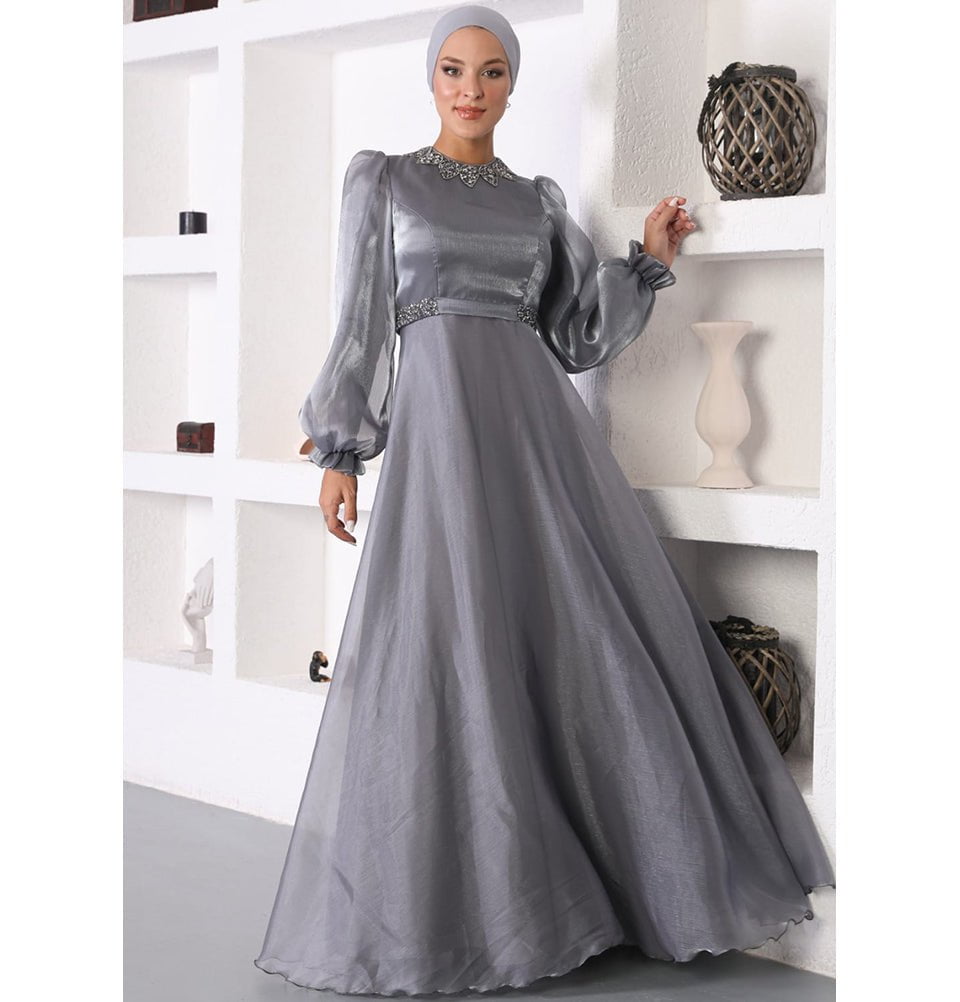 Modefa Dress Modest Formal Satin Dress G531 Grey