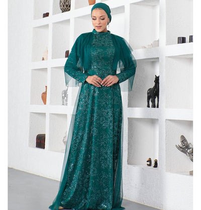 Modefa Dress Modest Formal Shimmery Leaf Dress G624 Emerald