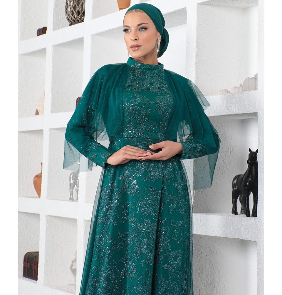 Modest Formal Shimmery Leaf Dress G624 Emerald