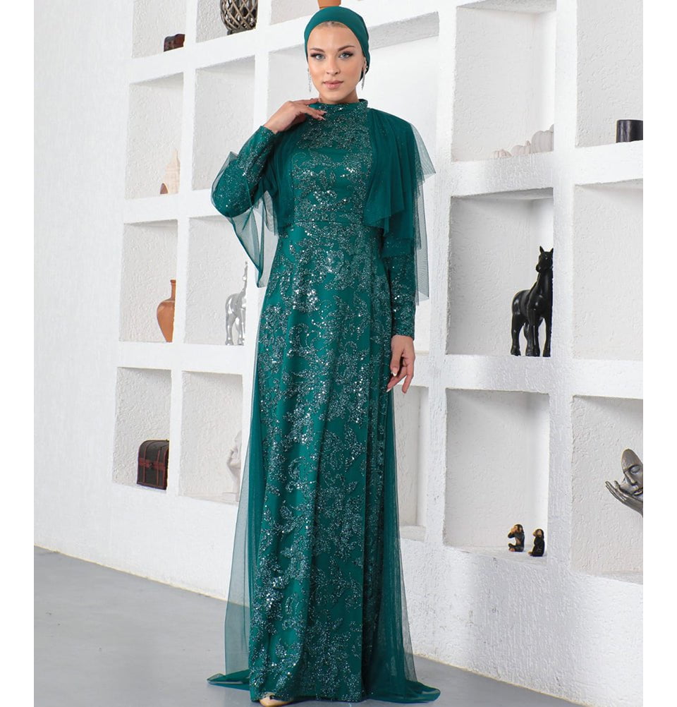 Modefa Dress Modest Formal Shimmery Leaf Dress G624 Emerald