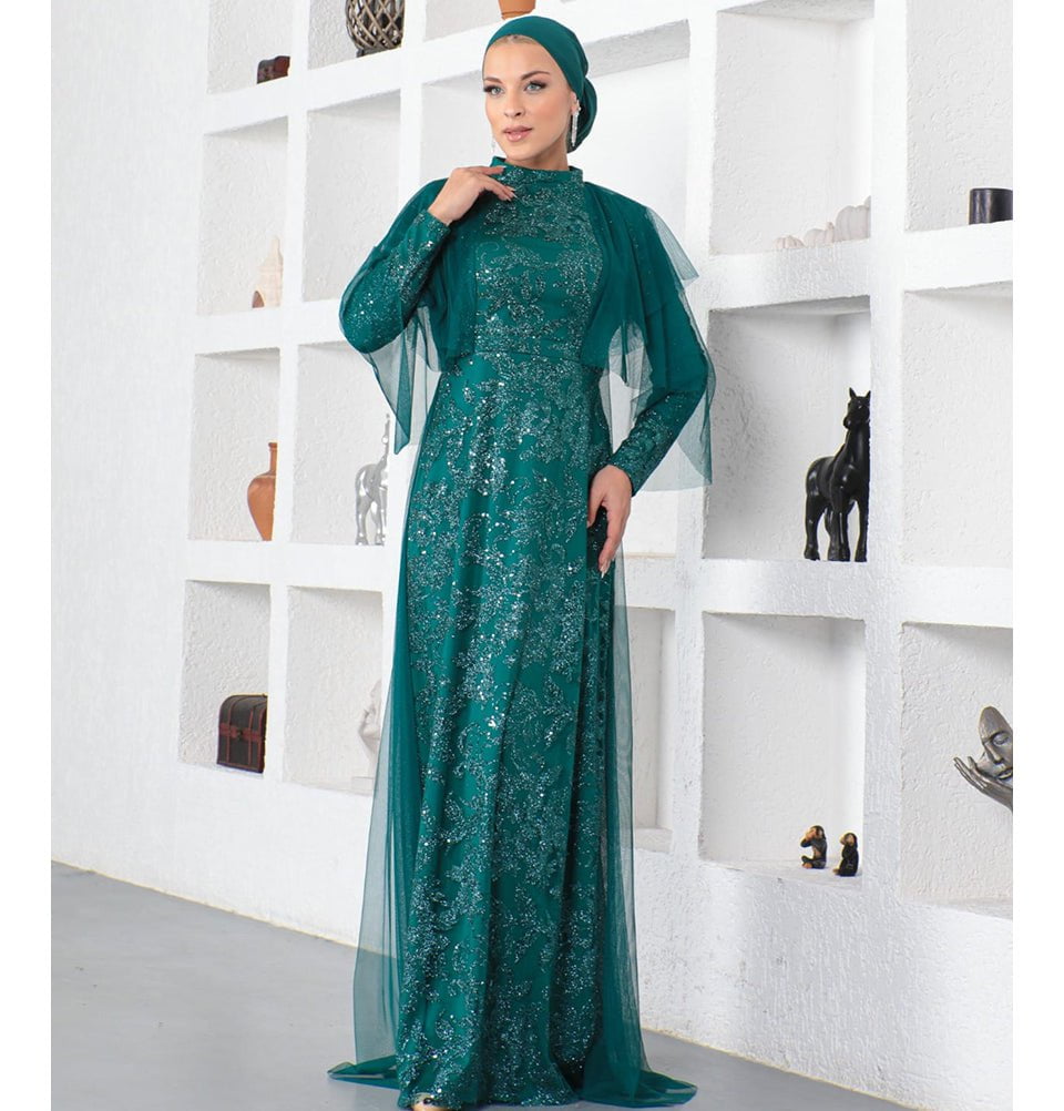 Modefa Dress Modest Formal Shimmery Leaf Dress G624 Emerald