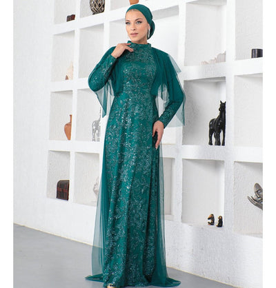 Modefa Dress Modest Formal Shimmery Leaf Dress G624 Emerald