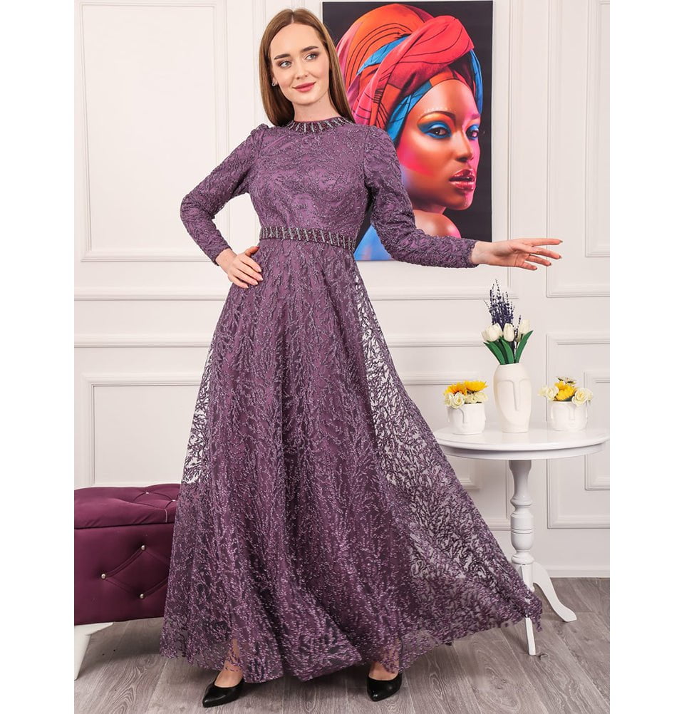 Modefa Dress Modest Formal Shimmery Vine Dress G492 Lilac