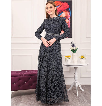 Modefa Dress Modest Formal Shimmery Vine Dress G492 Navy Blue