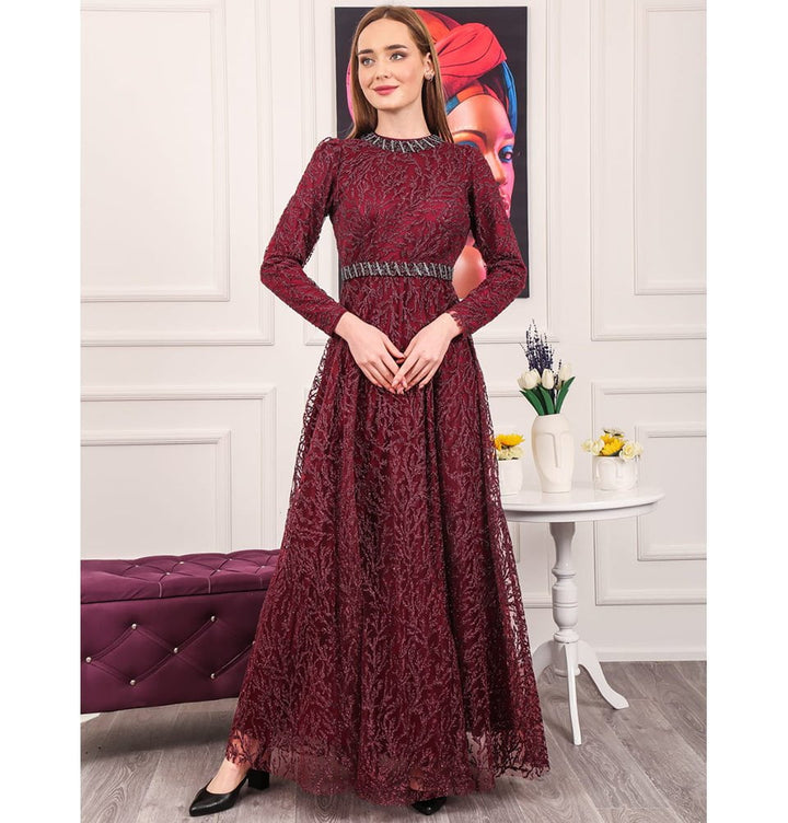 Modest Formal Shimmery Vine Dress G492 Red Modest Formal Shimmery Vine Dress G492 Red