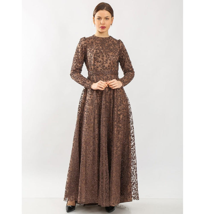Modest Formal Vine Dress G481 Brown Modest Formal Vine Dress G481 Brown