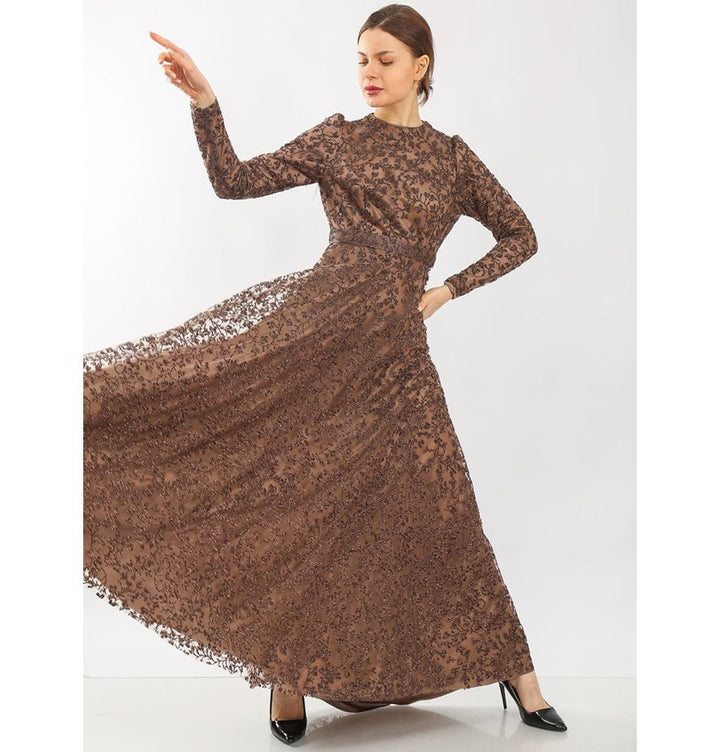 Modest Formal Vine Dress G481 Brown