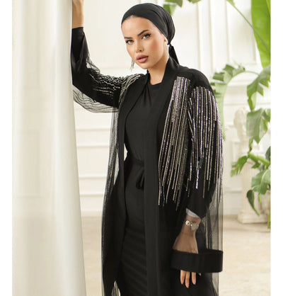 Modefa Dress Modest Muslim Woman Celestial Rhinestone Stripes Abaya - 3252 Black