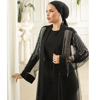 Modefa Dress Modest Muslim Woman Celestial Rhinestone Stripes Abaya - 3252 Black