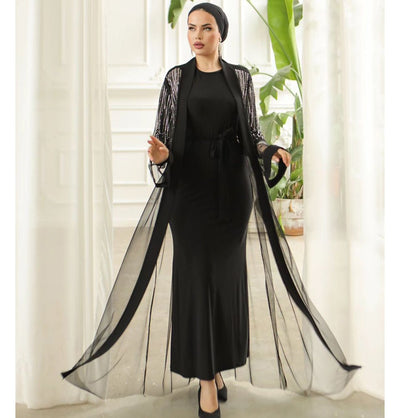 Modefa Dress Modest Muslim Woman Celestial Rhinestone Stripes Abaya - 3252 Black