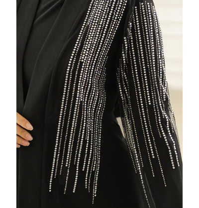 Modefa Dress Modest Muslim Woman Celestial Rhinestone Stripes Abaya - 3252 Black