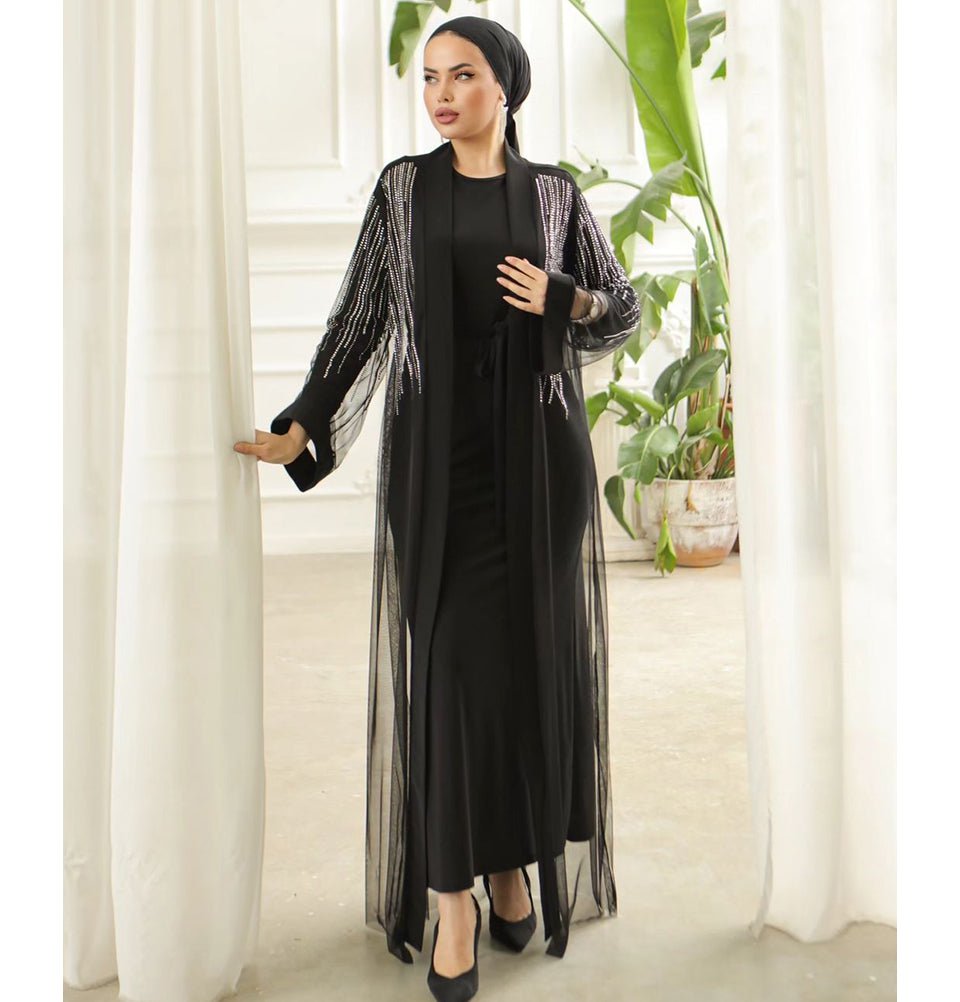 Modefa Dress Modest Muslim Woman Celestial Rhinestone Stripes Abaya - 3252 Black