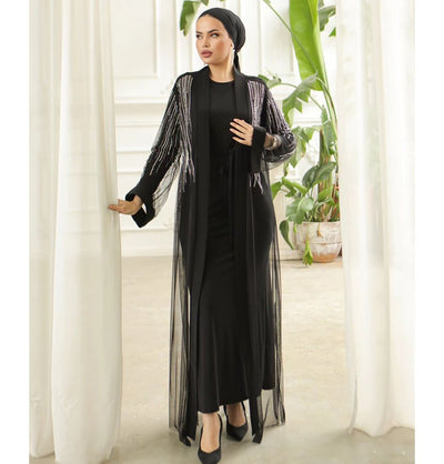 Modefa Dress Modest Muslim Woman Celestial Rhinestone Stripes Abaya - 3252 Black
