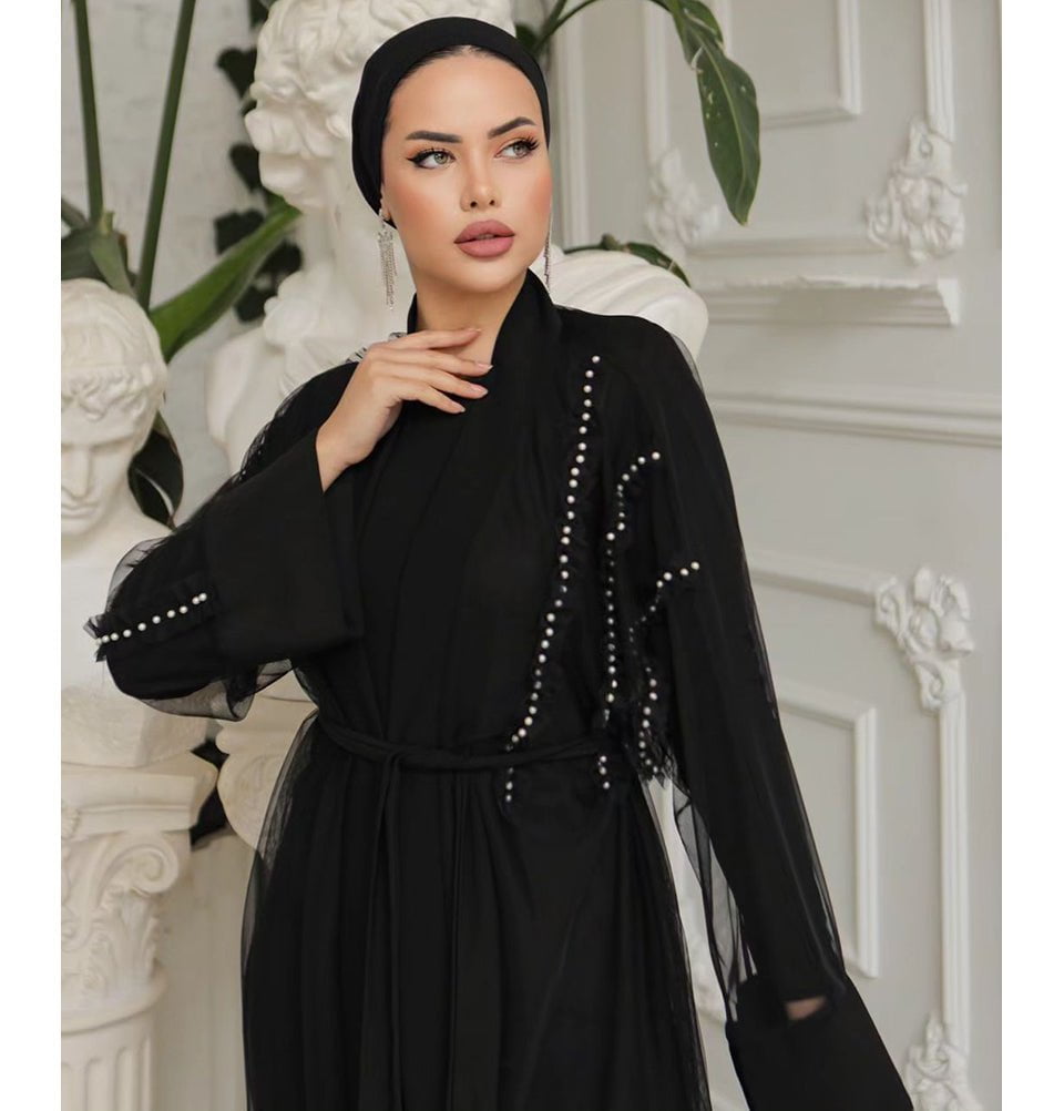 slim fit dress slacks Modest Muslim Woman Noir Pearl Tucked Abaya