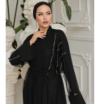 Modefa Dress Modest Muslim Woman Noir Pearl Tucked Abaya - 3237 Black