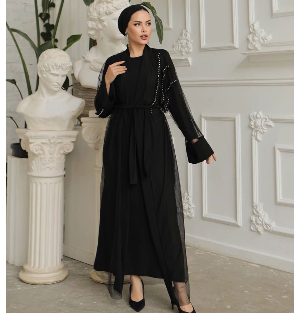 Modest Muslim Woman Noir Pearl Tucked Abaya - 3237 Black Modest Muslim Woman Noir Pearl Tucked Abaya - 3237 Black
