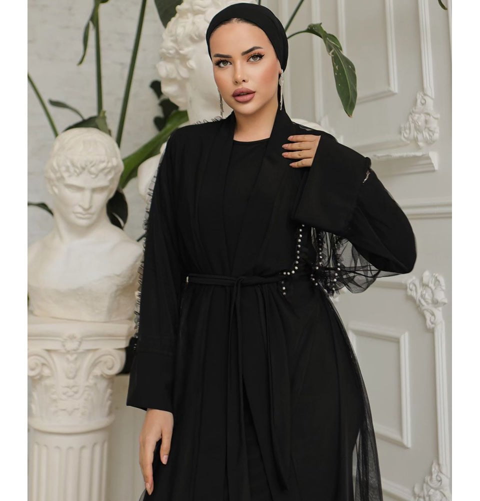 Modefa Dress Modest Muslim Woman Noir Pearl Tucked Abaya - 3237 Black