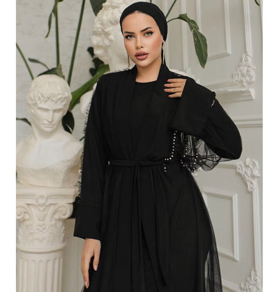 Modefa Dress Modest Muslim Woman Noir Pearl Tucked Abaya - 3237 Black