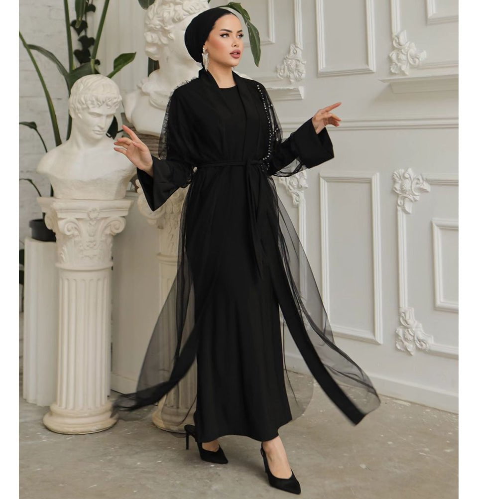 Modefa Dress Modest Muslim Woman Noir Pearl Tucked Abaya - 3237 Black