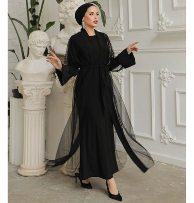 Modefa Dress Modest Muslim Woman Noir Pearl Tucked Abaya - 3237 Black